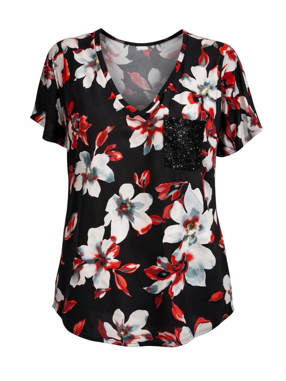 HEIMISH USA Black Floral V-Neck Top with Sequin Pocket